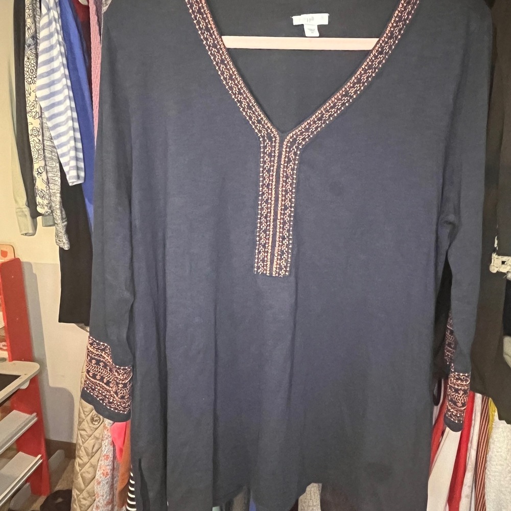 JJill Collection Tunic Top Embroidered V Neck‎ Long Sleeve Blue XL